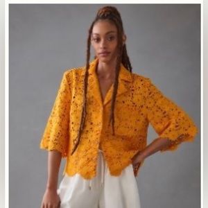 NWT Anthro Maeve Half Sleeve Buttondown Lace top in Mango